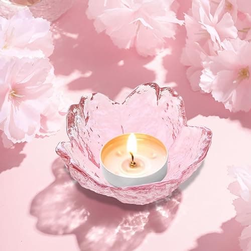 Glass Votive Candle Holders,Glass Seasoning Dishes,Cherry-Blossom Tea Bag Holders,Pink Flower Snack Dip Bowls,Set of 6 Tealight Pillar Trays for Party Housewarming Christmas Valentine Wedding Decor thumbnail 2