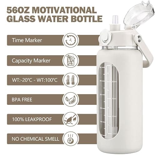 kytffu 56oz Glass Water Bottles with Straw, Motivational Glass Bottle with Silicone Sleeve and Time Marker, Leakproof Large Glass Water Jug for Gym Home Office,White thumbnail 3