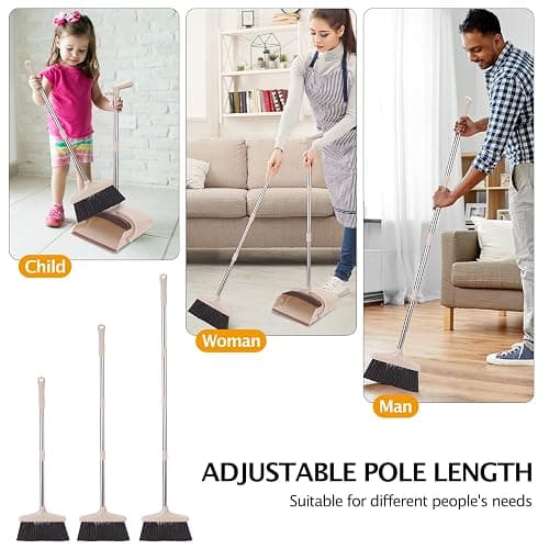 XXFLOWER Broom and Dustpan Set with Long Handle, Light Weight Stainless Steel Poles Stand Upright Dustpans with Broom Combo for Home Kitchen Office Pet Dog Hair, Brown & Beige Color, 1-Pack thumbnail 4