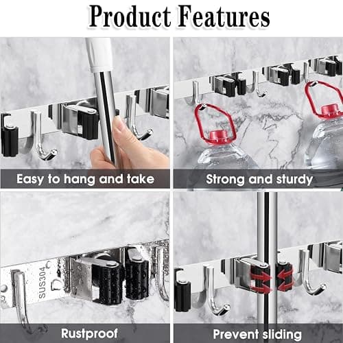 AceMining Broom Holder Wall Mount, 5 Racks 4 Hooks Heavy Duty Mop Organizer | Mop Holder Wall Mount and Broom Hanger for Garage, Laundry Room, Kitchen and Utility Storage thumbnail 3