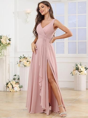 BOLENSYE Women's V Neck Bridesmaid Dresses with Pockets A Line Ruffles Ruched Long Slit Chiffon Evening Party Gown - Navy Blue - 16 thumbnail 6