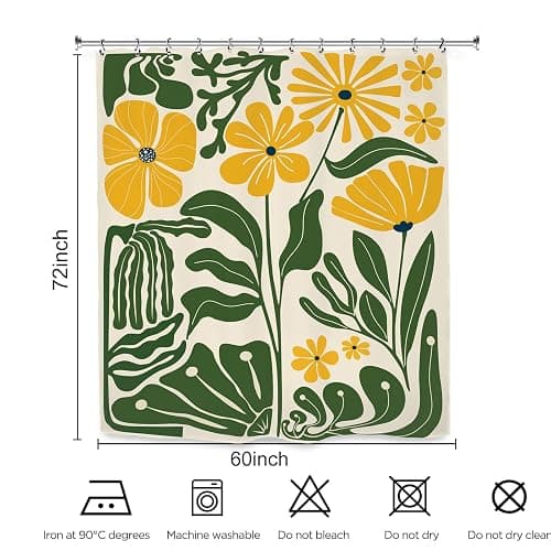 Kalmico Yellow Green Matisse Flower Shower Curtain 60Wx72L Inch Abstract Retro Aesthetic Minimalist Vintage Art 70s Trendy Modern Bathroom Set Accessories Decor with 12 Pack Hooks thumbnail 2