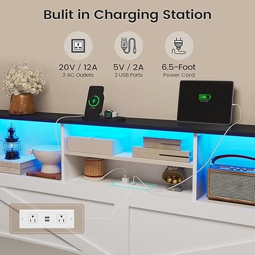 AOGLLATI Farmhouse Queen Bed Frame with 4 Storage Drawers and Led Lights, Wooden Bed Frame Queen Size with Hidden Space Bookcase Headboard and Led Lights & Metal Slats, White thumbnail 6