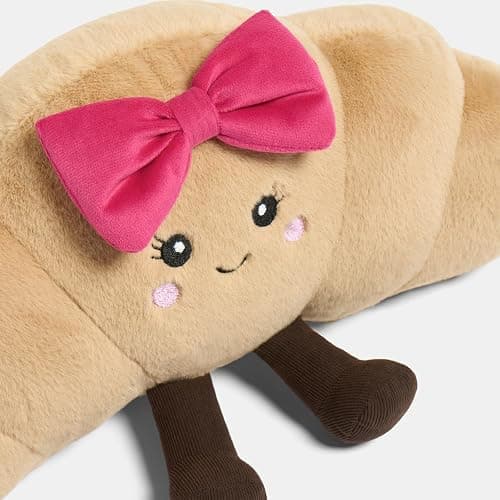 OHS Bow Croissant Plush Decorative Pillows, Throw Pillow Stuffed Toy Novelty Cushions for Sofa Bed Cuddle Cushion Cute Room Decor Plush Pillow for Kids Adults, Natural/Hot Pink - 35 x 18cm thumbnail 5