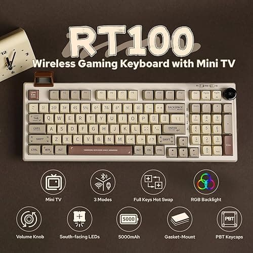 EPOMAKER RT100 97 Keys Gasket BT5.0/2.4G/USB-C Mechanical Gaming Keyboard with Customizable Display Screen, Knob, Hot Swappable Socket, 5000mAh Battery for Win/Mac (Flamingo Switch) - Epomaker Flamingo Switch - RT100 Retro thumbnail 2