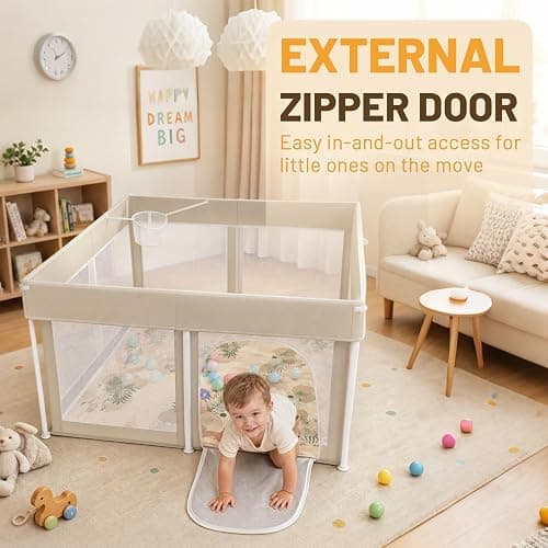Foldable Baby Playpen with 4 Handle Rings, 30 Ocean Balls, Net Basket and Mat, 50"x50" Portable Collapsible Play Yard for Indoor and Outdoor Use thumbnail 3