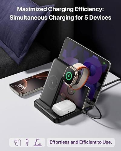 Caxdon Multiple Devices Charging Station, 5-in-1 Charging Station for iPhone 17 Pro Max/Pro/16/15/14/13/12, iPad Pro/Air/Mini, Apple Watch and Airpods,Wireless Charging Dock(G805) (Pink) thumbnail 2