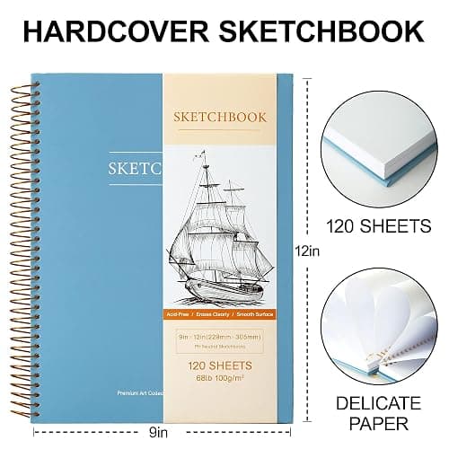 Yoment 9"x12" Hardcover Sketchbook for Drawing，120 Sheets，100GSM | Blue,Spiral Bound Sketch Pad Premium Art Sketchbook Artistic Drawing Paper Pad for Kids Adults Beginners Artists thumbnail 3
