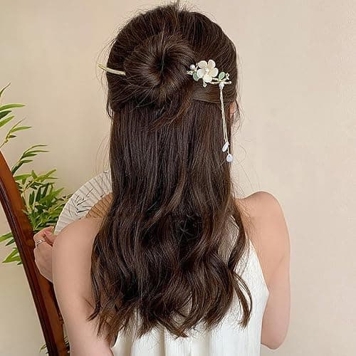 2Packs Lily of the Valley Chinese Hair Sticks for Buns, Pearl Flower Vintage Metal Hair Chopsticks for Women and Girls Dangle Tassel Pendant Hair Accessories Hanfu Handmade Decor Hairpin (white) thumbnail 5