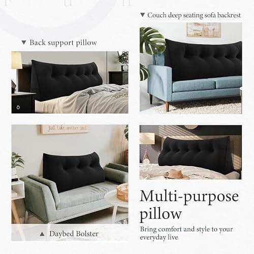 BNCKTRD Headboard Pillow Twin for Dorm - Velvet Bed Wedge Headboard Reading Pillow for Sitting in Bed, Positioning Support Backrest Pillow with Removable Cover & Side Pockets, Black thumbnail 6