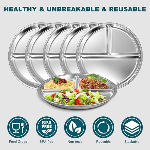 EWFEN Stainless Steel Toddler Plate Set of 6, 9" Portion Control Plates Divided Plate for Adults Kids Balance Lunch, Non Slip | Unbreakable Toddler Baby Feeding Set Dishwasher Safe thumbnail 7
