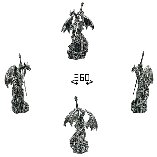 Hmusnwol Dragon Statue with Medieval Sword-Collection Figurine Fantasy Decor - Silvery Dragon Standing Gothic Castle for Tabletop Bookshelf Housewarming Gifts thumbnail 4