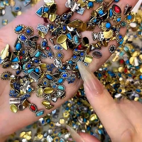 ONPRESS 50Pcs Colorful Rock Nail Charms Retro Metal Bohemia Nail Art Charms Retro Alloy Turquoise Totem Nail Diamonds 3D Western Blue White Pink Marble Gems Jewel Accessories for Manicure Art DIY thumbnail 4