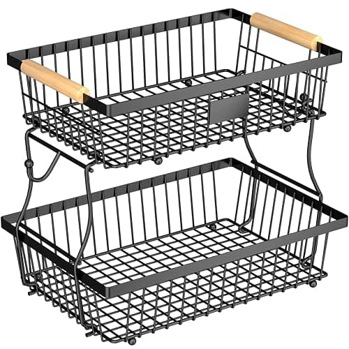 Astrorhine 2 Tier Fruit Basket for Kitchen Counter with 2 Banana Hangers, Countertop Metal Bread Basket with Wooden Handle, Large Storage Stand for Vegetables, Snacks, Eggs, Produce Storage – Black - Image 1