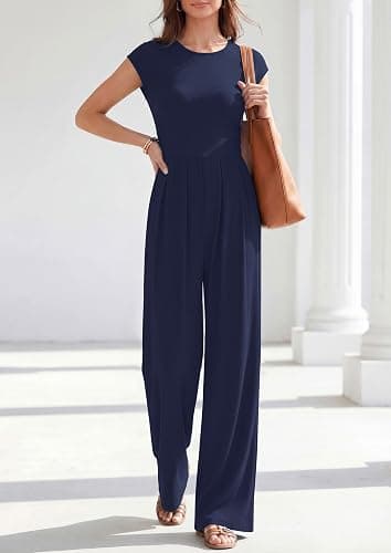 PRETTYGARDEN Summer Jumpsuits for Women Dressy Casual | Soft Ribbed Fabric, Crewneck Cap Sleeve, Back Zipper, Pockets, Wide Leg Pants Rompers, One Piece Outfits, Work Office Clothes thumbnail 7