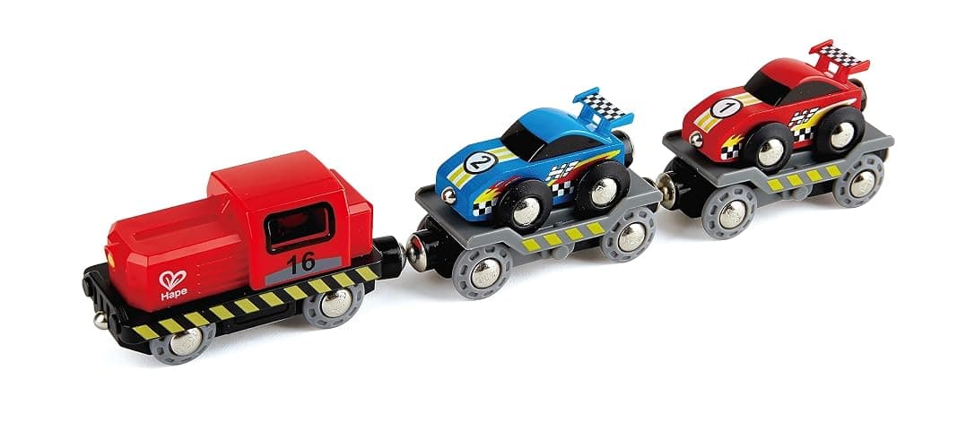 Hape Race Car Transporter | Six-Piece Wooden Toy Train Car Transport Set for Kids - Image 1