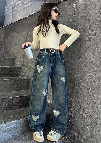 NABER Kids Girls Elastic Waist Cool Ripped Jeans Washed Denim Wide Leg Ripped Denim Jean Age 5-15 Years thumbnail 4