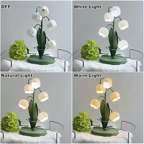 Green Flower Table Lamp, Vintage Lily of The Valley Bedside Desk Lamp 3 Color Modes Cute Flower Reading Light with G4 Bulbs for Night Stand Bedroom Living Room Home Office Decor, Gifts for Women thumbnail 2