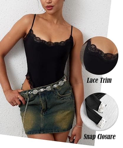 Navneet Women Sexy Lace Bodysuit Lace Trim High Cut Thong Spaghetti Strap Cami Bodysuit Going Out Tank Tops Body Suit thumbnail 4