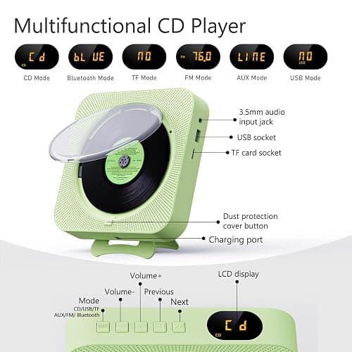 MICOCIOUS Portable CD Player with Bluetooth Desktop CD Player for Home CD Music Players with Remote Control,Timer,Built-in Dual Speakers with LED Display Home Audio Boombox FM Radio (Green) thumbnail 6
