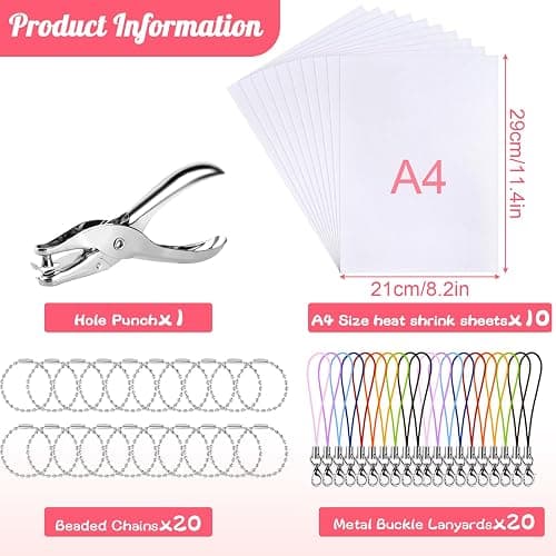 ASTARON Printable Shrinking Plastic Sheets Kit, 10 Pcs A4 Size Blank Heat Shrinking Film Art Paper, Hole Punch and 40 Lanyards, Shrink Keychain Jewelry Making Accessories Craft Supplies thumbnail 3