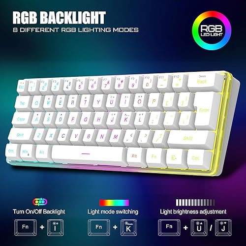 RedThunder 60% Wireless Gaming Keyboard and Mouse Combo, 2500mAh Rechargeable Battery, Ultra-Compact Small RGB Mechanical Feel Keyboard, Lightweight Honeycomb Optical Mouse for Gaming/Business, White thumbnail 6
