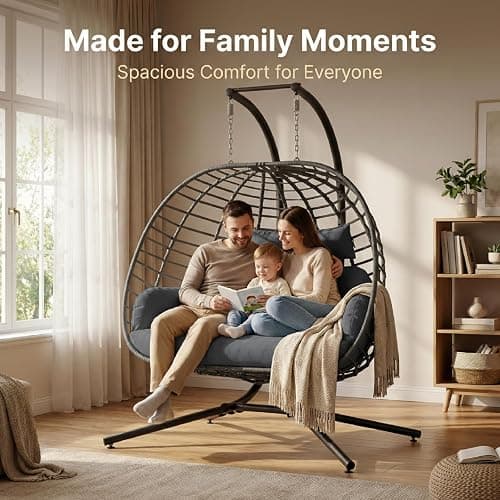 SWITTE Double Egg Swing Chair with Stand, Outdoor Patio 2 Person Hanging Wicker Hammock Chairs with Cushion for Indoor Bedroom, Lawn, Garden-Dark Grey thumbnail 7