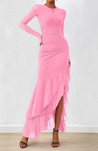 BTFBM Women's Maxi Dresses Fall 2025 Long Sleeve Ruched Bodycon Solid Ruffle Mermaid Cocktail Wedding Guest Dress thumbnail 4
