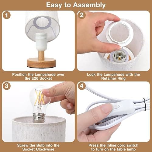 Fenmzee 9" Small Table Lamp for Bedroom - Inline Control with 3000K Bulb | Cream Shade and Wood Base | 680 Lumens | Easy Assembly | Minimalist Design | E26 | for Kitchen | for Kids Room thumbnail 8