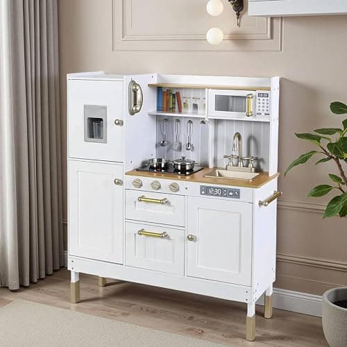 Arlopu Play Kitchen for Kids, Wooden Toy Toddler Kitchen Sets, Sturdy Pretend Cooking Playset with Storage & Accessories, Realistic Light & Sound, Stove, Fridge, Microwave, Removable Sink (White) thumbnail 2