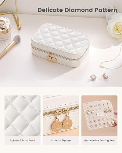 Lolalet Travel Jewelry Case for Women Girls, Travel Jewelry Organizer with Clear Storage Bag Small Portable Jewelry Box for Necklace Bracelet Earring Ring Valentines Bridesmaid Gifts -Medium/Beige thumbnail 6