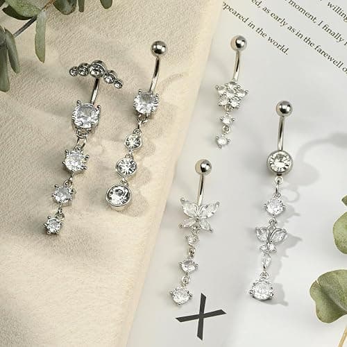 LAURITAMI 14G Dangle Belly Button Rings Set Navel Piercing Jewelry - Smooth Edges for Summer Outfits, 1.6mm Silver Tone CZ Butterfly Heart Flower Rings 5 Pcs thumbnail 7