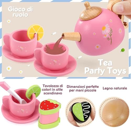 Seagoal Set da Tè di Legno, Cucina Giocattolo per Bambini, Giochi Regalo 3 4 5 Anni, Accessori da Torta Dessert Gioco di Ruolo thumbnail 4