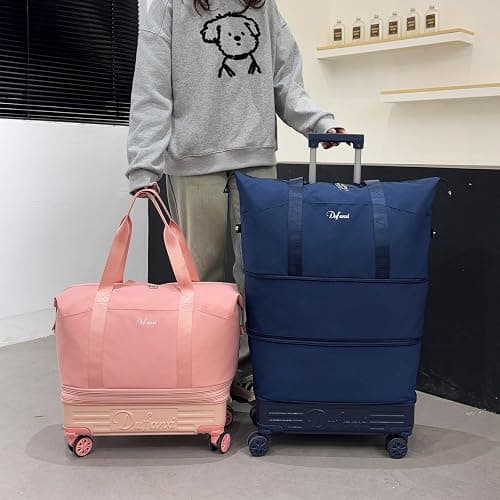 Rolling Duffle Bag with Wheels and Handle, Expandable Foldable Carry On Luggage with Removable Wheels, Personal Item Travel Bag, Lightweight Duffel Tote for Gym Hospital Weekender (Blush Pink) thumbnail 2