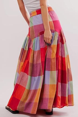 Women's Multicolour Plaid Print Ruched High Waist Casual Maxi Skirt thumbnail 2