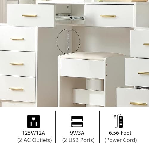 FOREST GRAVITY 58.3'' Large Vanity with Folding Up Mirror and Lights,Makeup Vanity Desk with Mirror and Lights,Outlet, Chair and Two Makeup Organizers,Dressing Table for Bedroom,White thumbnail 5