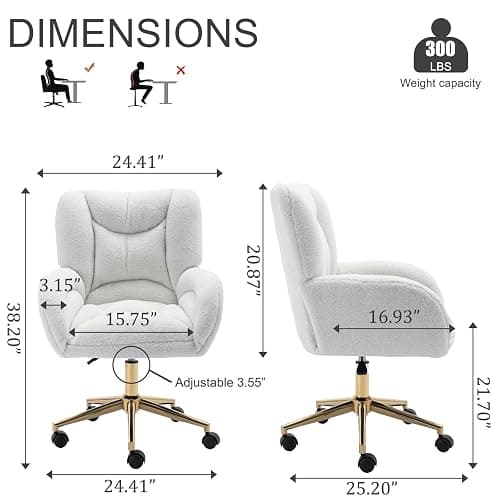 Anewome Swivel Office Desk Chair with Wheels Upholstered Sherpa Desk Modern Armchair Height Adjustable Computer Task Chair Boucle Makeup Vanity Desk with Gold Metal Frame, 38.2" H White thumbnail 2