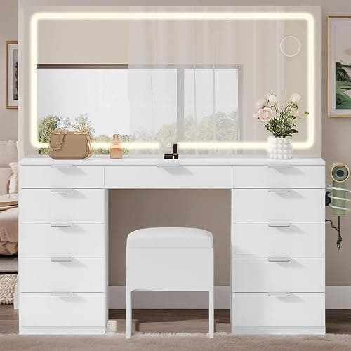 YITAHOME 46" Vanity Table with LED Lighted Mirror, Makeup Desk with 11 Drawers, Cushioned Storage Stool, Vanity Set with Power Outlet & Magnifying Mirror - Image 1