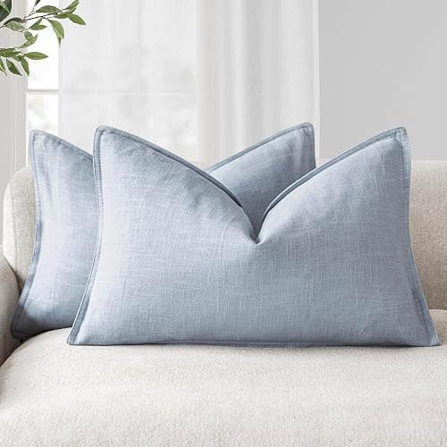 Foindtower Decorative Linen Lumbar Throw Pillow Covers 12x20 Inch Sky Blue | Pack of 2 Boho Farmhouse Pillowcase,Accent Neutral Solid Cushion Covers,Morden Home Decor for Couch Sofa Bedroom Living Room - Image 1