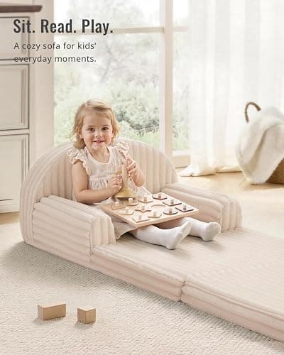 Blissful Diary Foldable Kids Couch, 2-in-1 Kids Sofa Chair, Cream White thumbnail 5