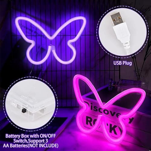 BRIGHTDECK 3 Pcs Butterfly Neon Signs, Neon Light for Bedroom, USB or 3-AA Battery Powered LED Wall Décor for Valentines Day Birthday Gift, Wedding, Party, Home Decor (Pink, Purple, Warm white) thumbnail 4