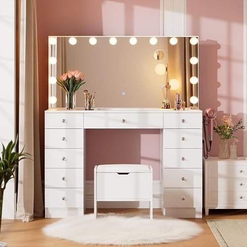 SMOOL Vanity with Mirror and Lights - 46" Vanity Desk with Outlet and 11 Drawers, 3 Color Lighting Modes Adjustable Brightness, Glass Top Makeup Table with Soft Cushioned Stool for Bedroom (White) thumbnail 8