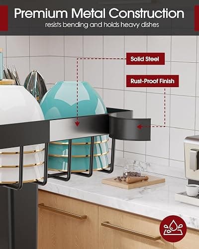 Sakugi Over The Sink Dish Drying Rack - Adjustable 2 Tier Large Capacity Stainless Steel Drainer with Cutlery & Utensil Holders, Kitchen Storage & Organization, 30"-33.9" L x 11" W x 21.5" H, Black thumbnail 6