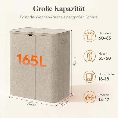Lifewit 165L Wäschekorb mit Deckel und 3 Fächern, Beige | Großer faltbarer Wäschesortierer mit 3 Wäschesäcken und Tragegriffen für Schlafzimmer, Bad und Waschküche thumbnail 2
