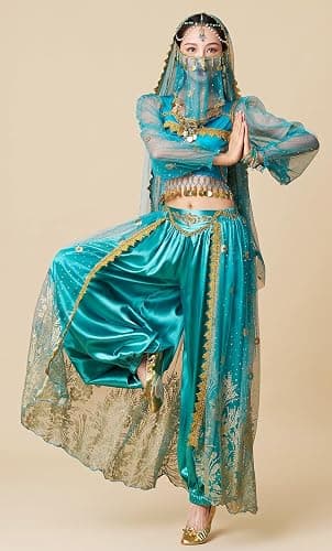 ORIDOOR Women's New Aladdin Jasmine Princess Belly Dance Halloween Costume Set Belly Dance for Dress Up Party 5 Piece Outfit thumbnail 4