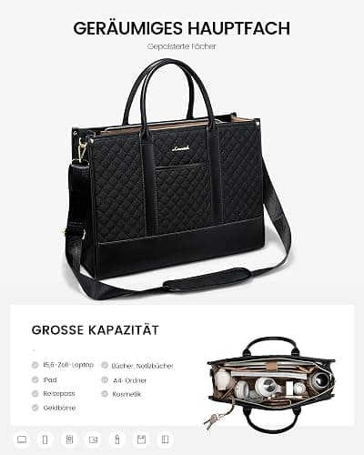 LOVEVOOK Laptoptasche Damen 15,6 Zoll, Wasserdicht Arbeitstasche Handtasche Groß Schultasche Shopper Business Tasche Aktentasche Lehrertasche, Leder Tote Bag Notebooktasche für Büro Uni Schwarz thumbnail 4