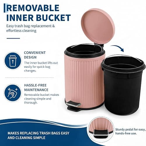 Garvee Bathroom Trash Can, 5L/1.3 gal Round Wastebasket with Soft-Close Lid | Step Foot Pedal, Removable Inner Bucket, Brushed Stainless Steel, for Office, Bedroom, Toilet, Live Room-Pink thumbnail 5