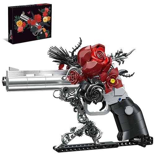 GHQYTPR Guns & Petals Decorative Revolver Building Blocks with Red Roses Gothic Rose Revolver Building Kit Gothic Style Display Piece Creative Gift for Adults Teens 631 PCS - Image 1