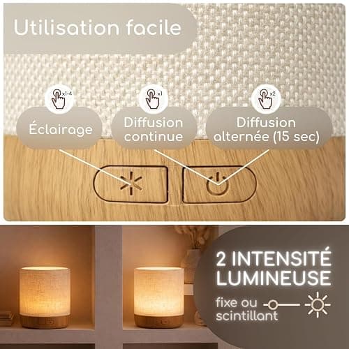 Zen’Arôme Diffuseur Ultrasonique Alesia – Diffusion Huile Essentielle à Froid Aromathérapie – Design Original, Coque en Toile de Lin et Revêtement Couleur Bois – Diffusion + Éclairage Personnalisables thumbnail 5