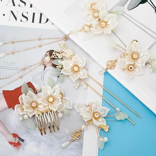 5 Pcs Camellia Flower Tassels Hairpins Set, Chinese Hanfu Crystal Rhinestone Pearl Hair Clips, Retro Wedding Brides Hair Accessories for Women thumbnail 2
